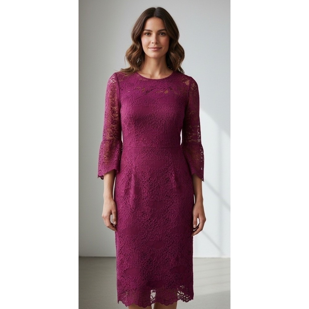 Nicole Miller New York Magenta Lace Open Back Bell Sleeve Sheath Dress 4